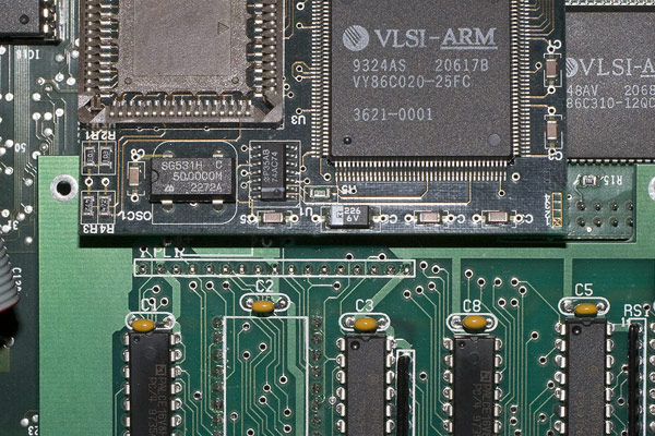 The ARM3 daughterboard overlapping the IDE podule which is in turn overlapping the ARM2 socket on the Adelaide board