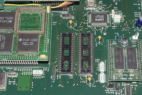 The ARM2 socket where the ARM3 board fits and the empty RISC OS 3 ROM sockets