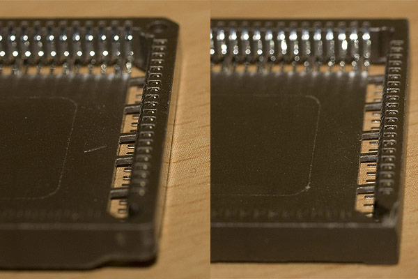 A comparison of the two edges of the socket showing one edge filed down to make it fit