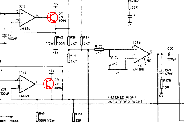 The A310 op-amps and transistors making up the filtered audio out