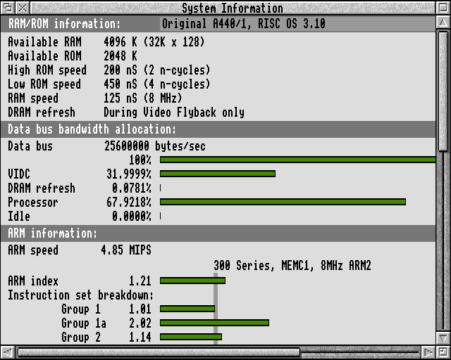 The Si report on CPU performance showing 4.85 MIPS