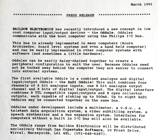 Baildon Electronics I2C Andi Oddile press release