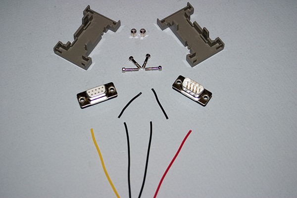 All the parts ready for assembly of the Serial to PC Mouse adapter