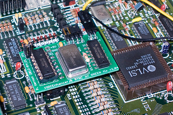 The VIDC Enhancer fully populated with 36MHz oscillator and switching circuit