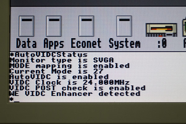 AutoVIDCStatus output detailing RISC OS MODE and VIDC clock settings