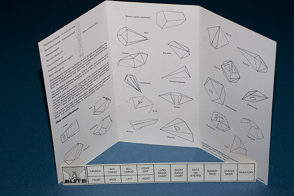 Acornsoft Elite Box - Quick Reference guide, ship ID chart and function key strip