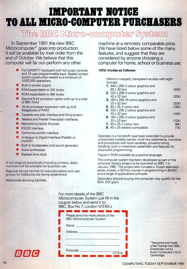 Computing Today Advert for the BBC Micro as part of the computer literacy project